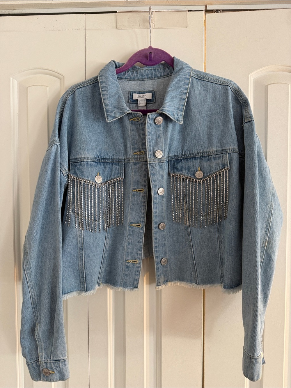 Forever 21 Premium Cropped Light Blue Denim Jacket with Rhinestone Fringe